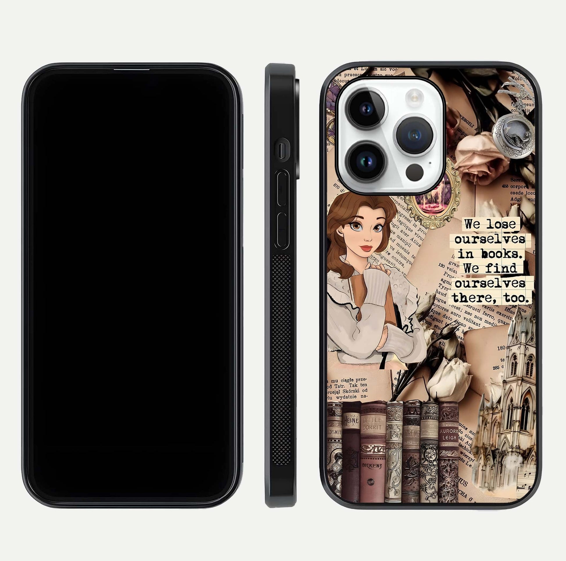 Bookish Dream World Glass Case for iPhone 14 Pro dual-view layout displaying colorful fantasy print and edge finish
