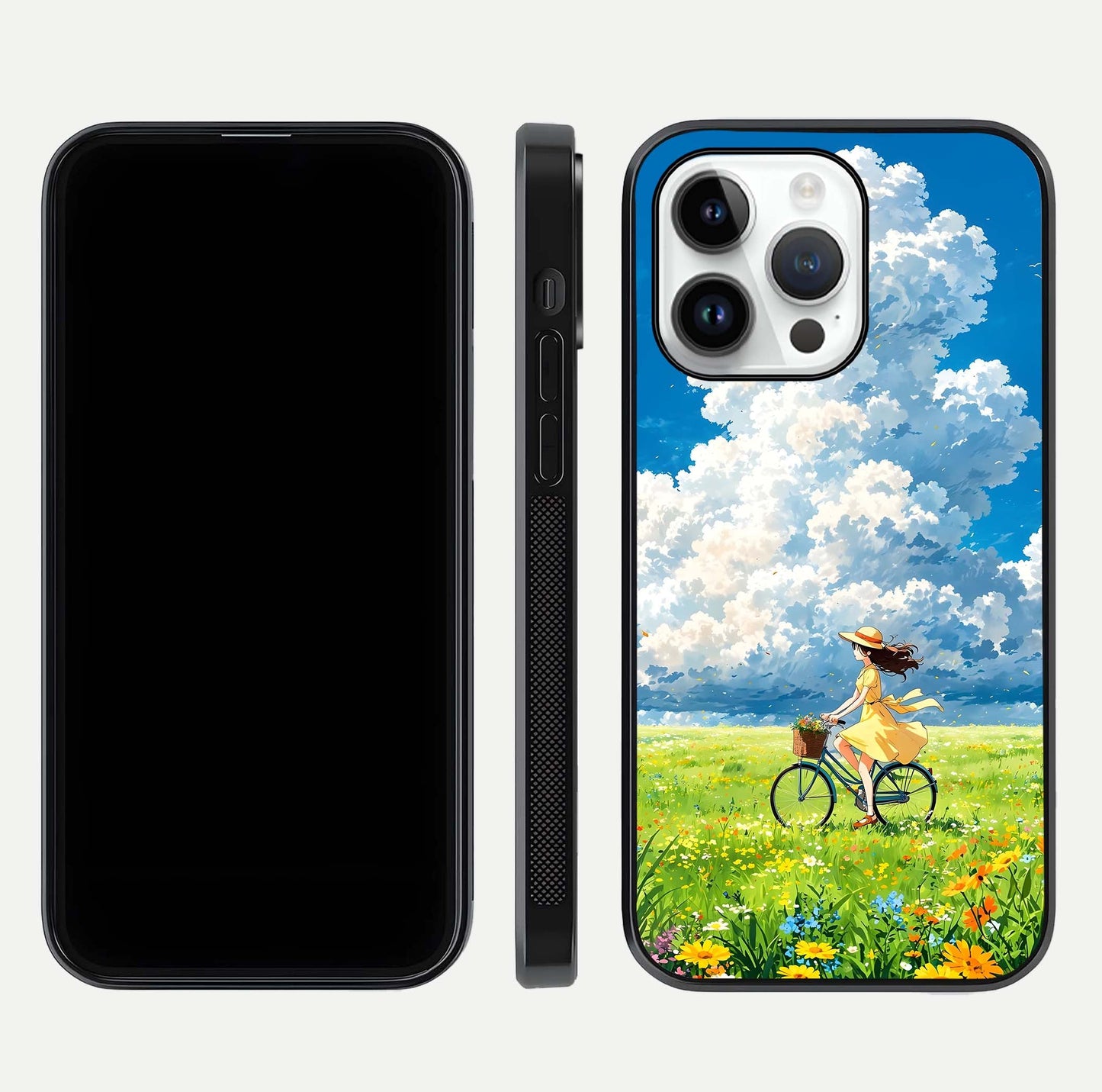 Breezy Meadow Ride Glass Case for iPhone 14 Pro dual-view layout showing soft landscape design and reflection gloss