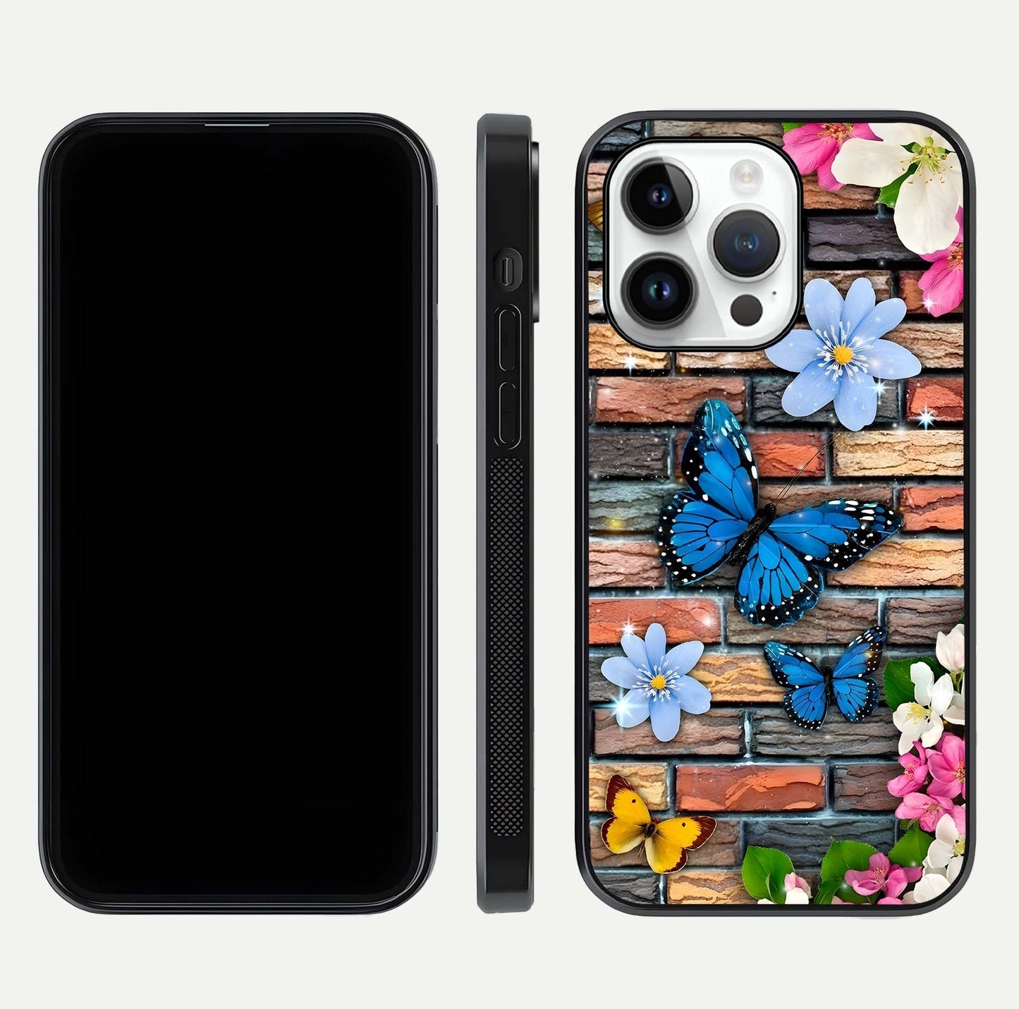 Brick Bloom Flight Glass Case for iPhone 14 Pro dual-view layout showing bloom placement and protective edge design
