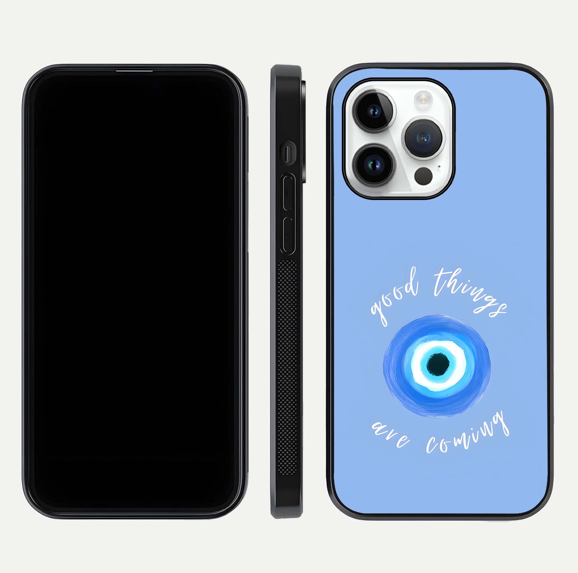 Bright Future Ahead Glass Case for iPhone 14 Pro front-and-back layout showing clean font style and gloss shine