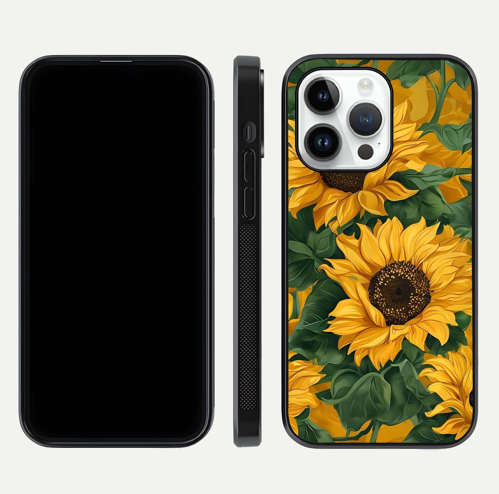 Bright Sunflower Bloom Glass Case for iPhone 14 Pro dual-view layout displaying floral glow and curved glass edge