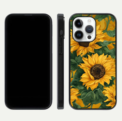 Bright Sunflower Bloom Glass Case for iPhone 14 Pro dual-view layout displaying floral glow and curved glass edge