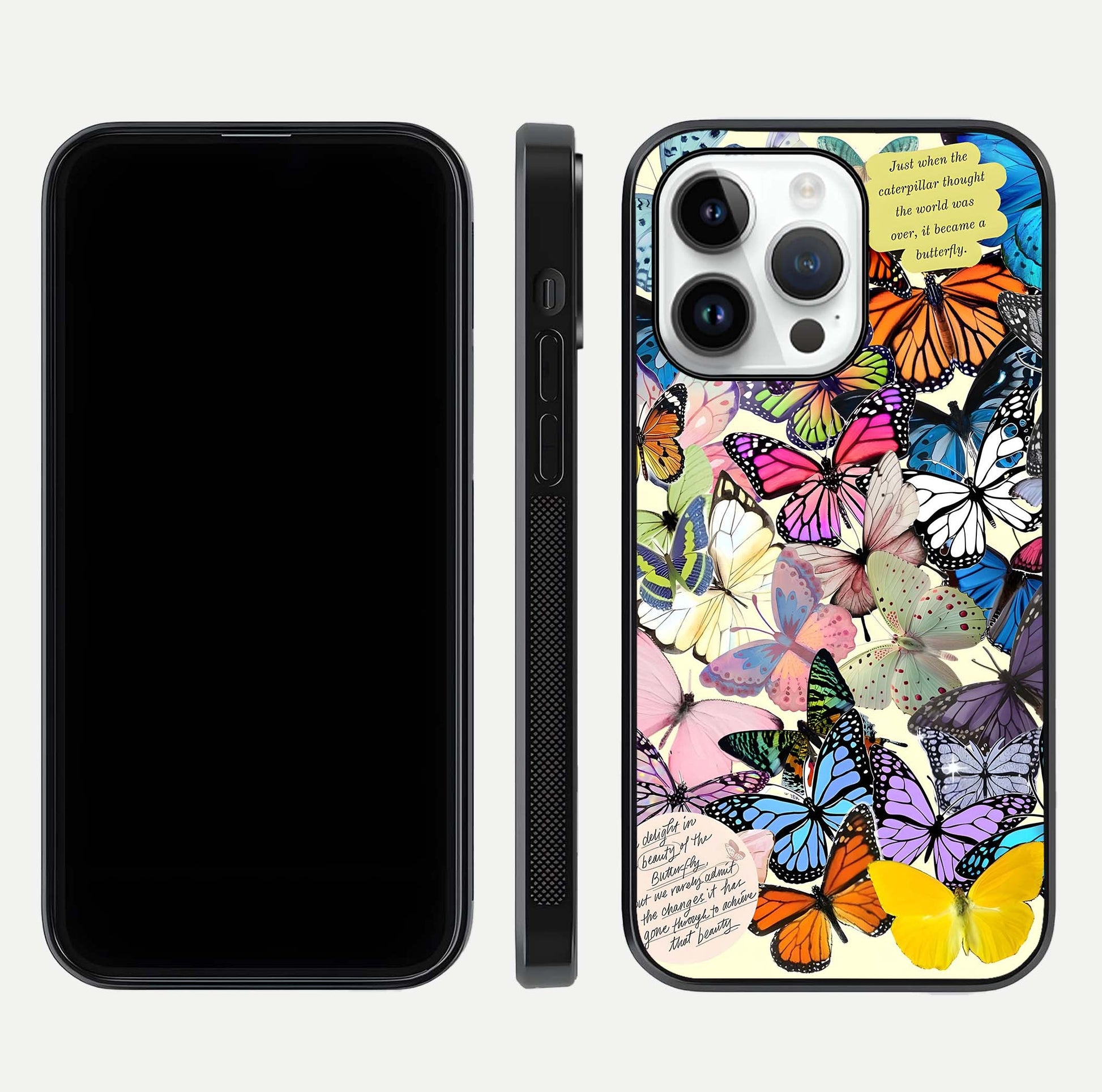 Butterflies Petal Dream Glass Case for iPhone 14 Pro front-and-back layout showcasing floral spread and reflection shine