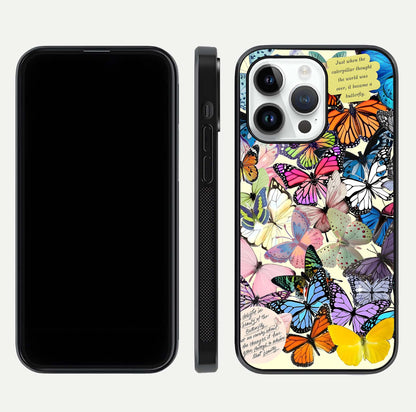 Butterflies Petal Dream Glass Case for iPhone 14 Pro front-and-back layout showcasing floral spread and reflection shine