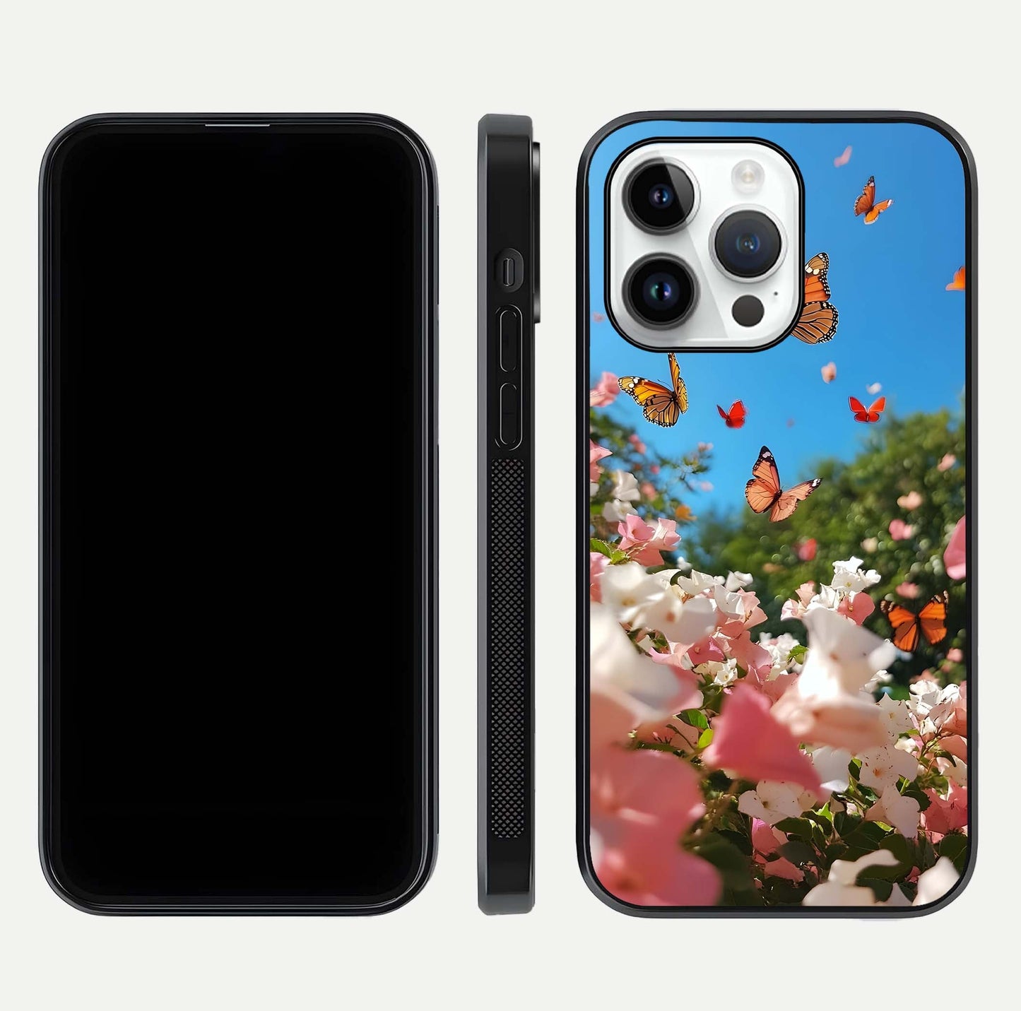 Butterflies in Bloom Sky Glass Case for iPhone 14 Pro dual-view layout displaying elegant composition and glass gloss