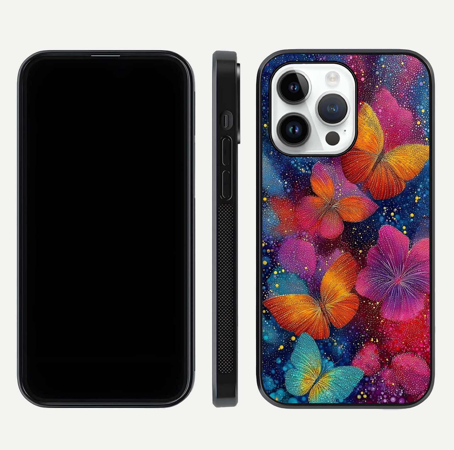 Butterfly Dream Mist Glass Case for iPhone 14 Pro dual-view layout showing mist background and edge polish