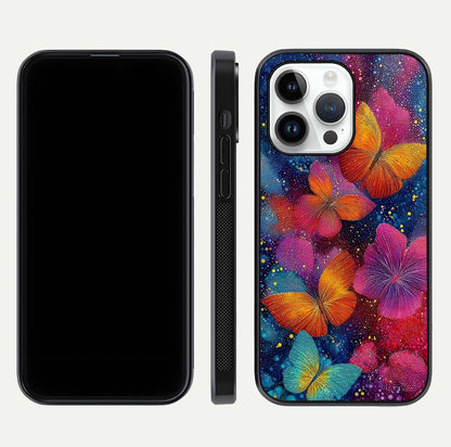 Butterfly Dream Mist Glass Case for iPhone 14 Pro dual-view layout showing mist background and edge polish