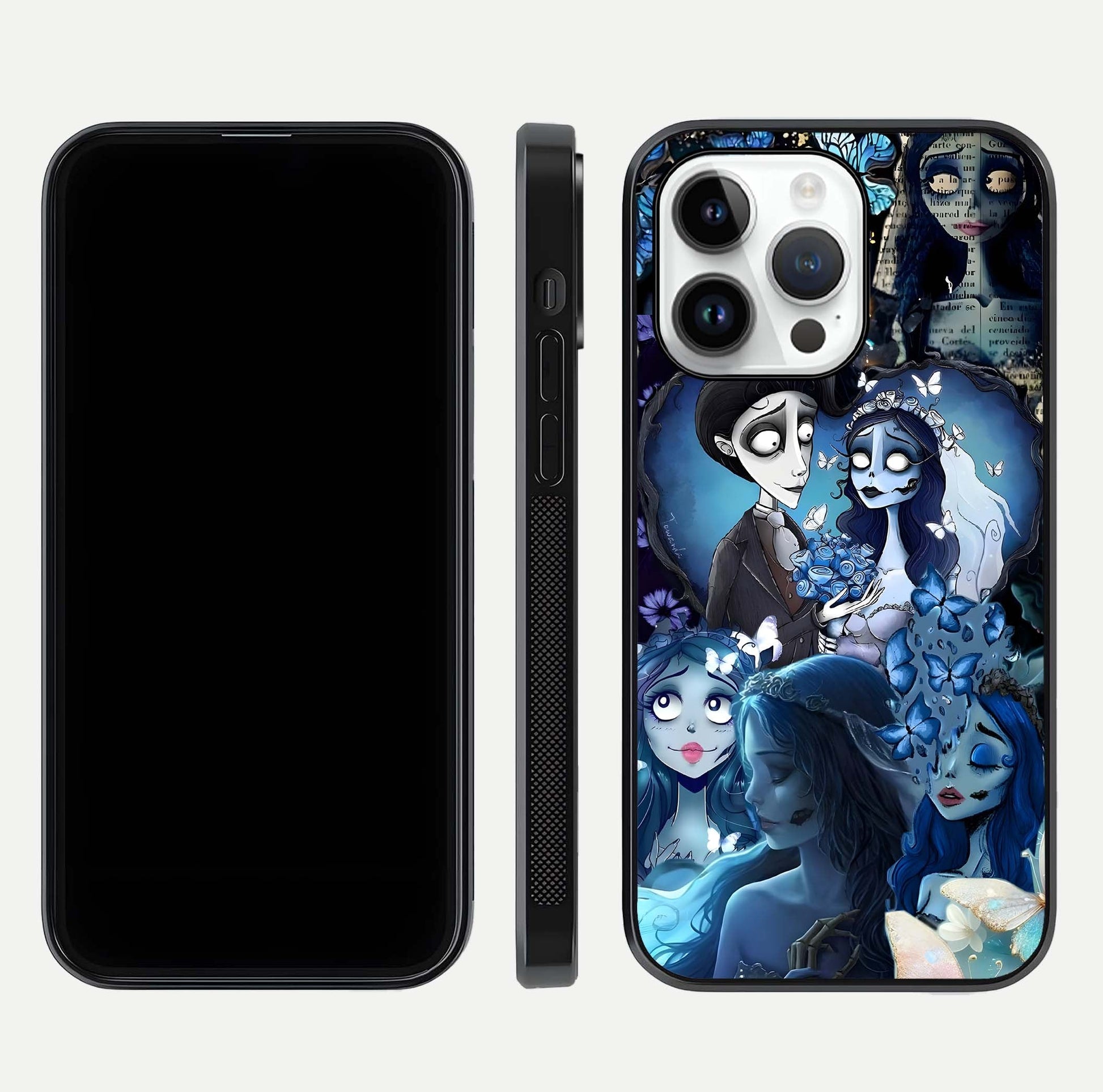 Butterfly Ghost Soul Glass Case for iPhone 14 Pro front-and-back layout highlighting dark art balance and HD shine