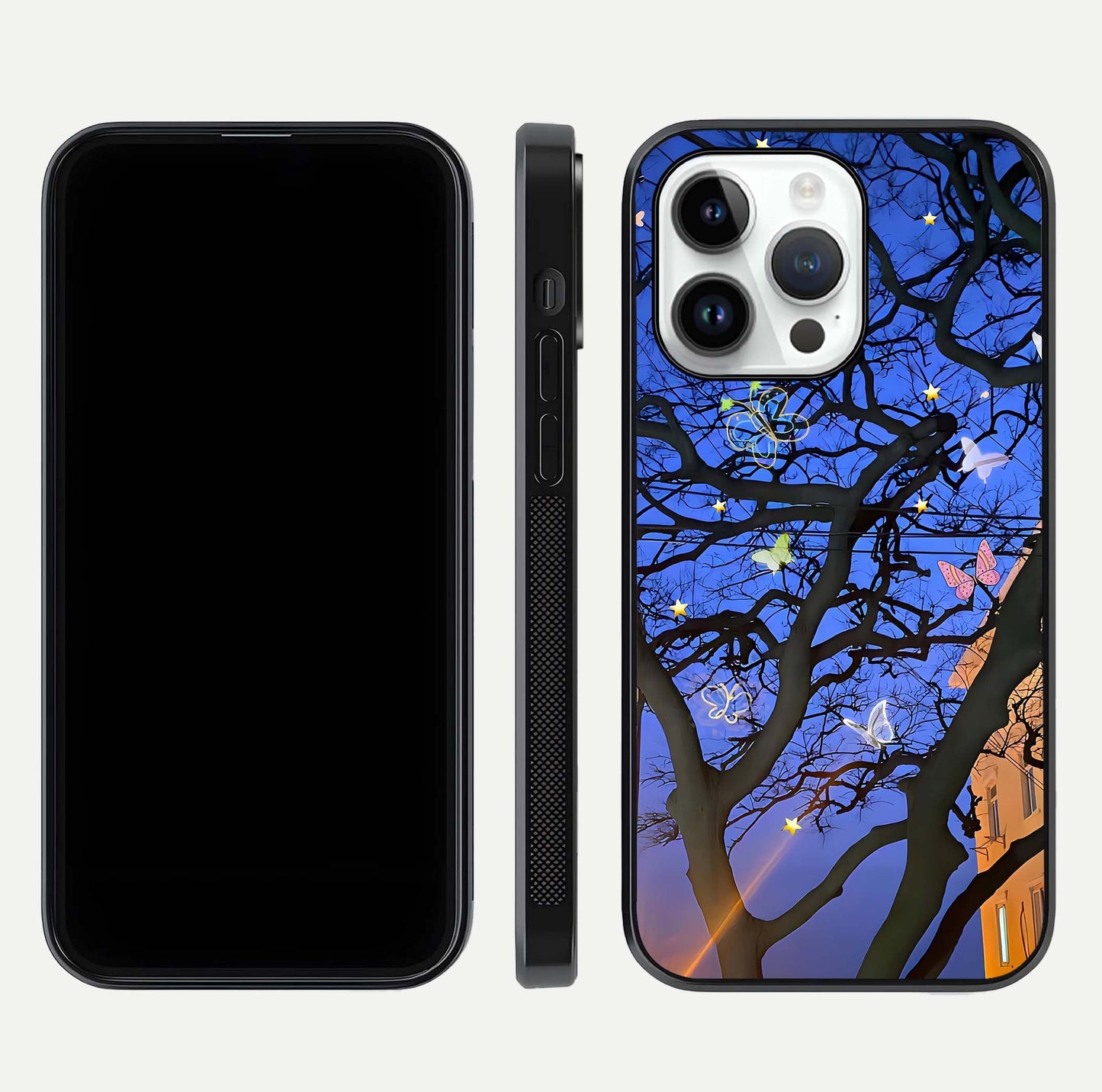 Butterfly Night Magic Glass Case for iPhone 14 Pro dual-view layout displaying balanced art and edge clarity