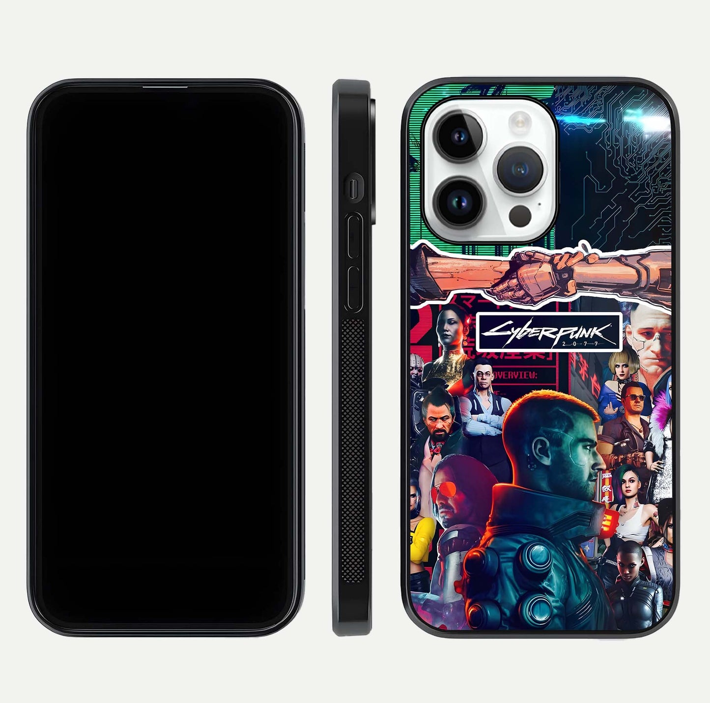 CYBERPUNK Legacy Glass Case for iPhone 14 Pro dual-view layout showing cyberpunk hues and glass precision