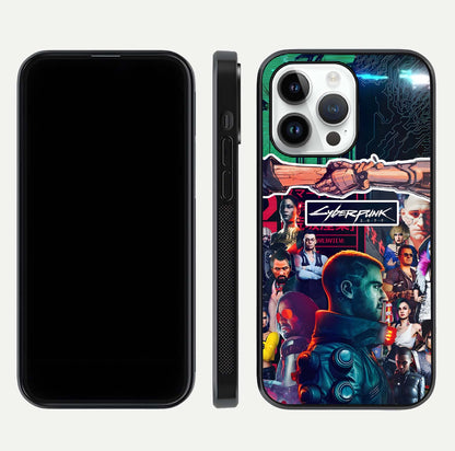 CYBERPUNK Legacy Glass Case for iPhone 14 Pro dual-view layout showing cyberpunk hues and glass precision