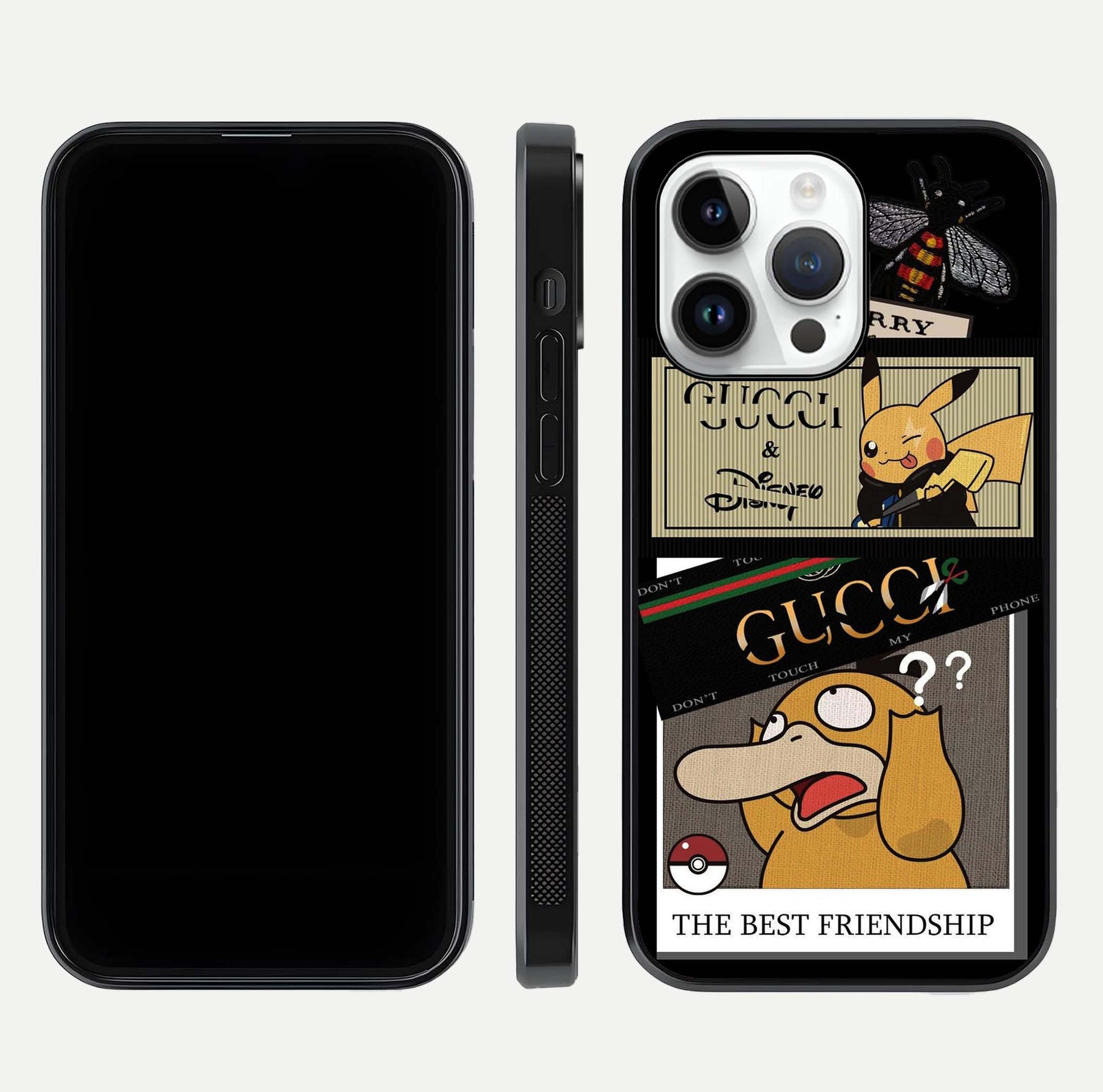 Cartoon Brand Play Mashup Glass Case for iPhone 14 Pro front and back view layout highlighting multi-logo artwork and curved edges