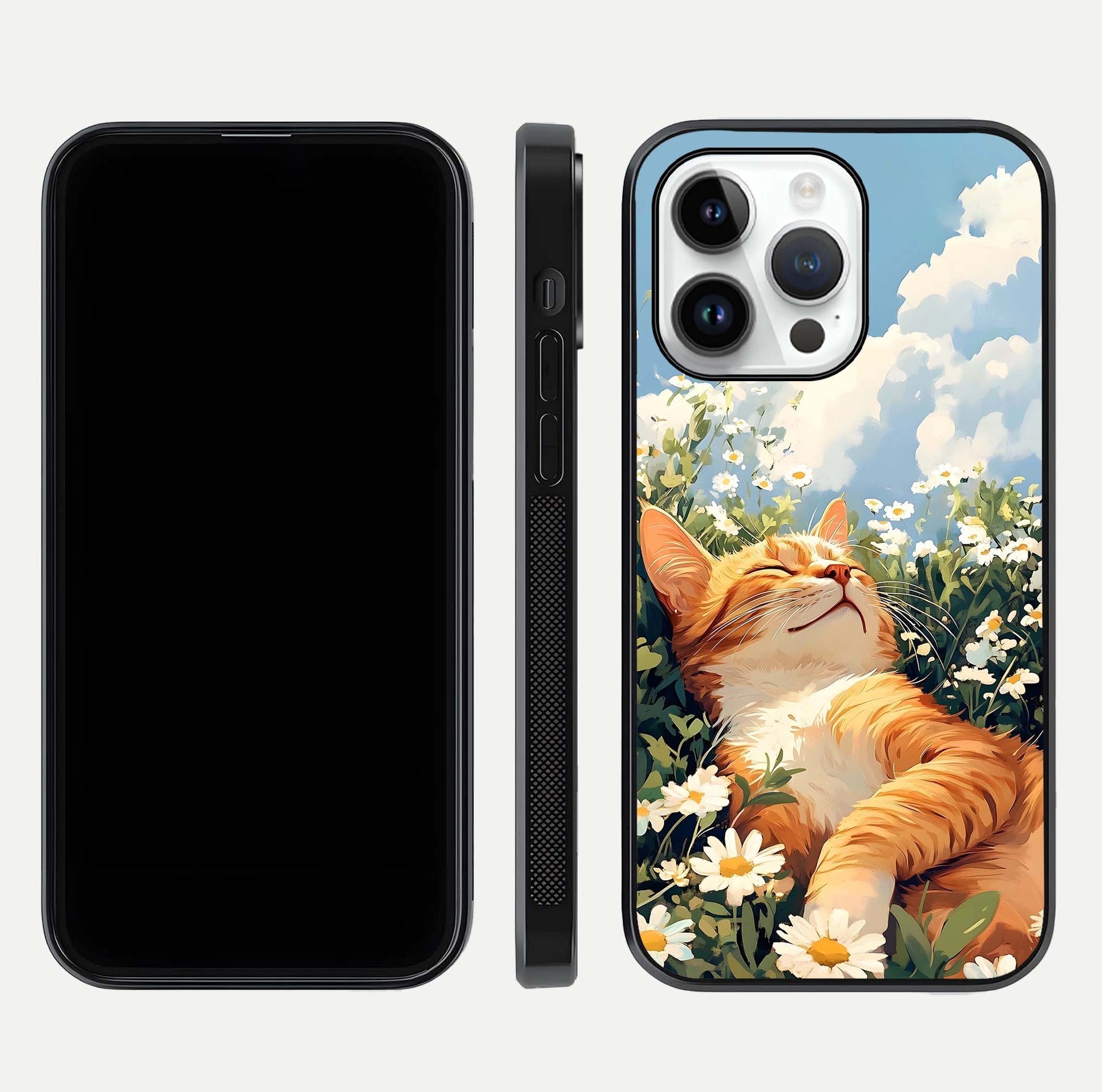 Cat & Flowers View Glass Case for iPhone 14 Pro front-and-back layout showing floral balance and gloss surface