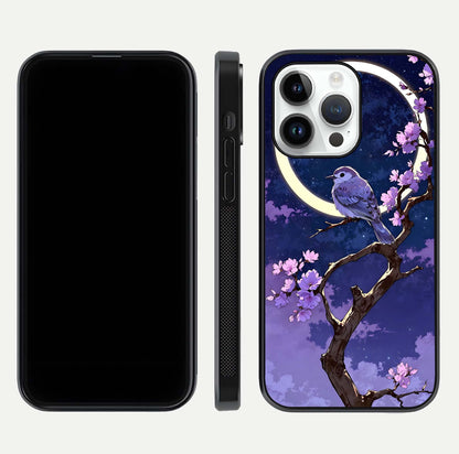 Celestial Bird Blossom Glass Case for iPhone 14 Pro dual-view layout showing art composition and edge clarity