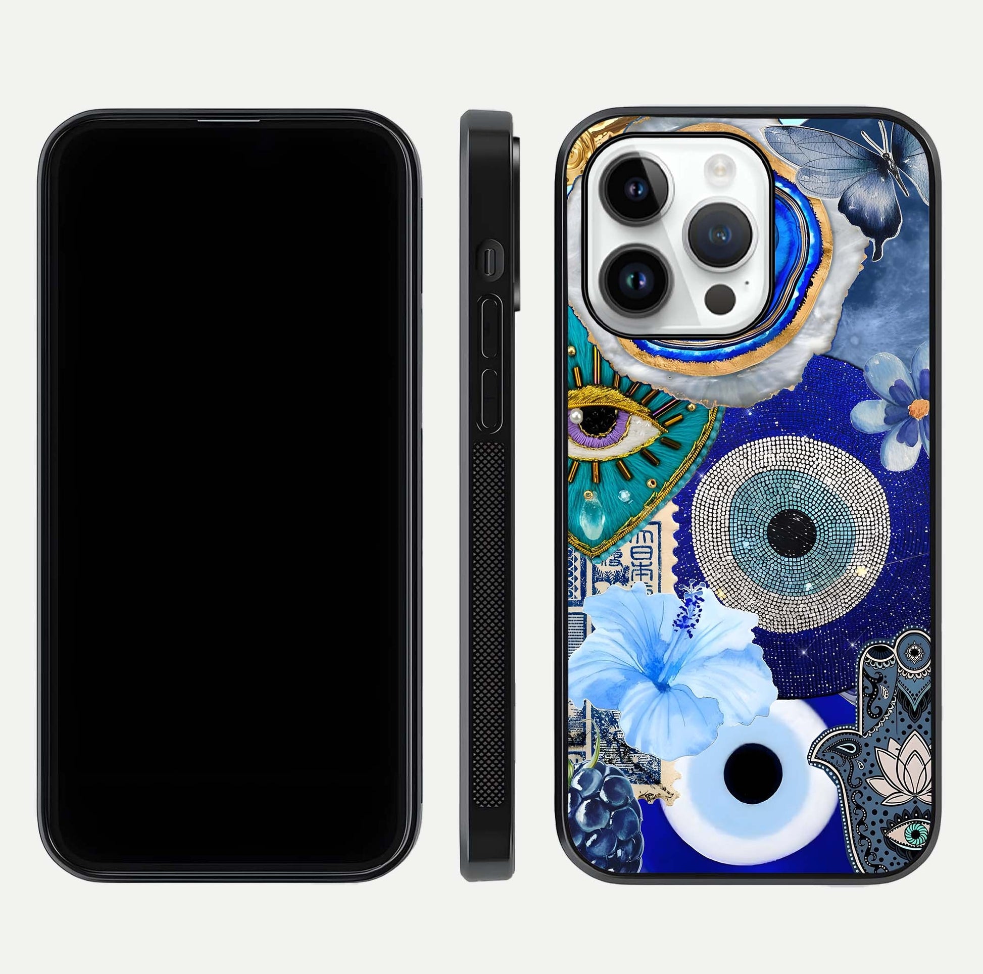 Celestial Blue Vision Glass Case for iPhone 14 Pro dual-view layout showing celestial gradient and curved edges
