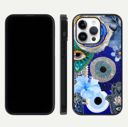 Celestial Blue Vision Glass Case for iPhone 14 Pro dual-view layout showing celestial gradient and curved edges