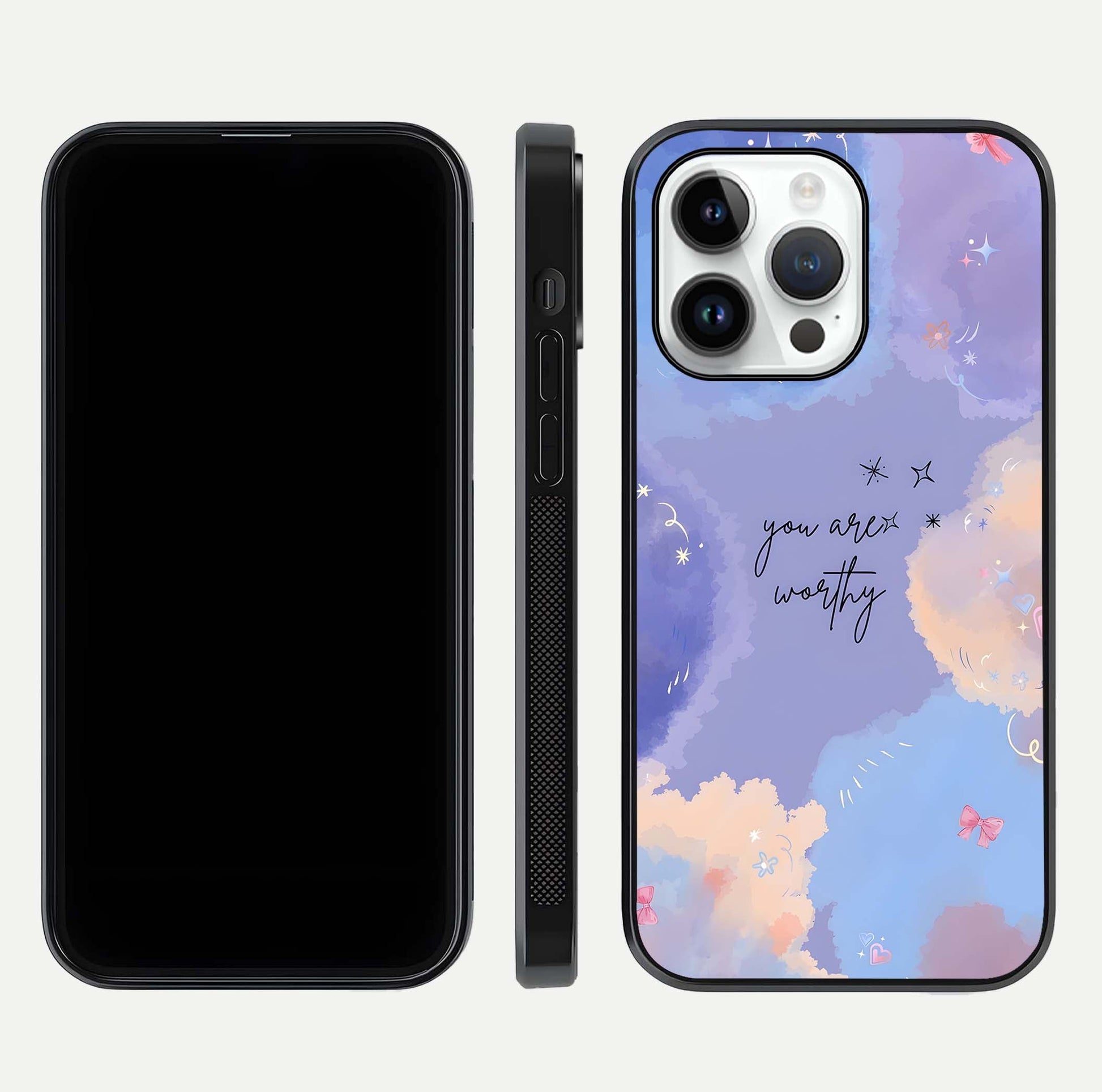 Celestial Cloud Magic Glass Case for iPhone 14 Pro dual-view layout showcasing soft color transition and gloss shine