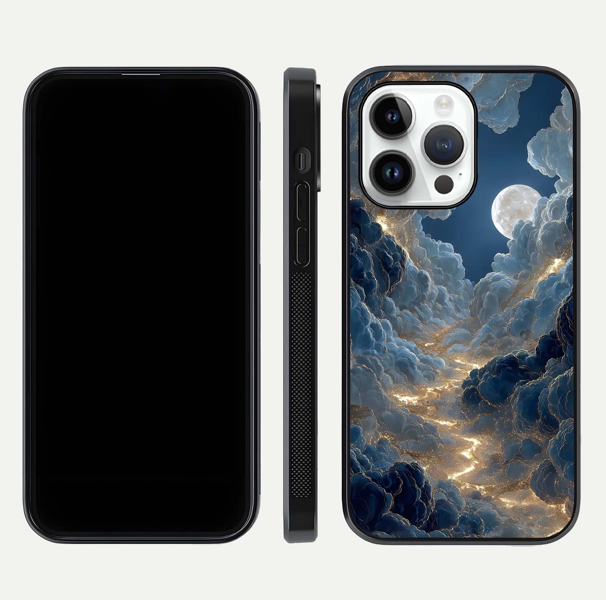 Celestial Cloud Road Glass Case for iPhone 14 Pro front-and-back layout displaying balance between light and depth
