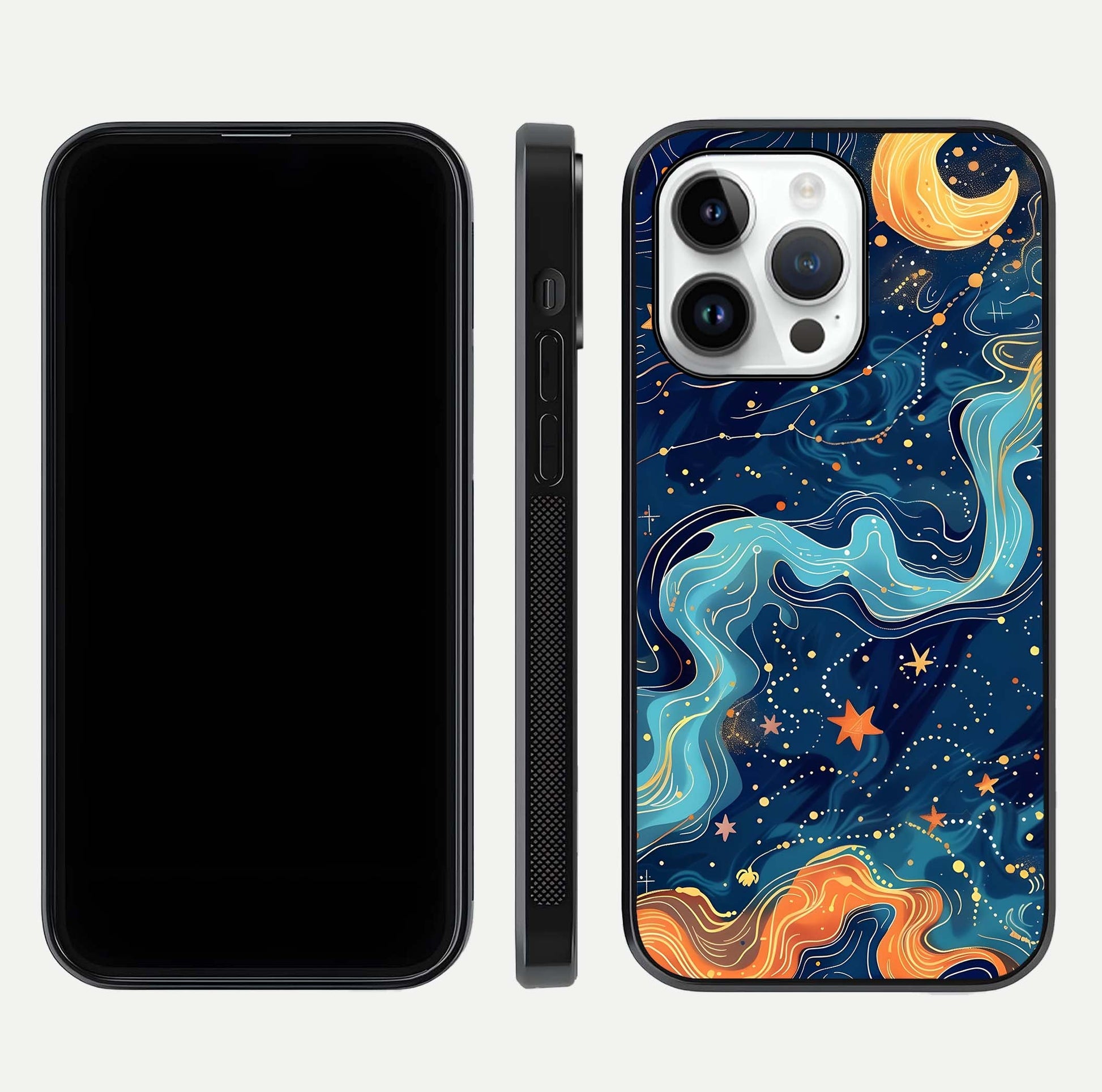 Celestial Dream Flow Glass Case for iPhone 14 Pro dual-view layout showing abstract flow and curved glass