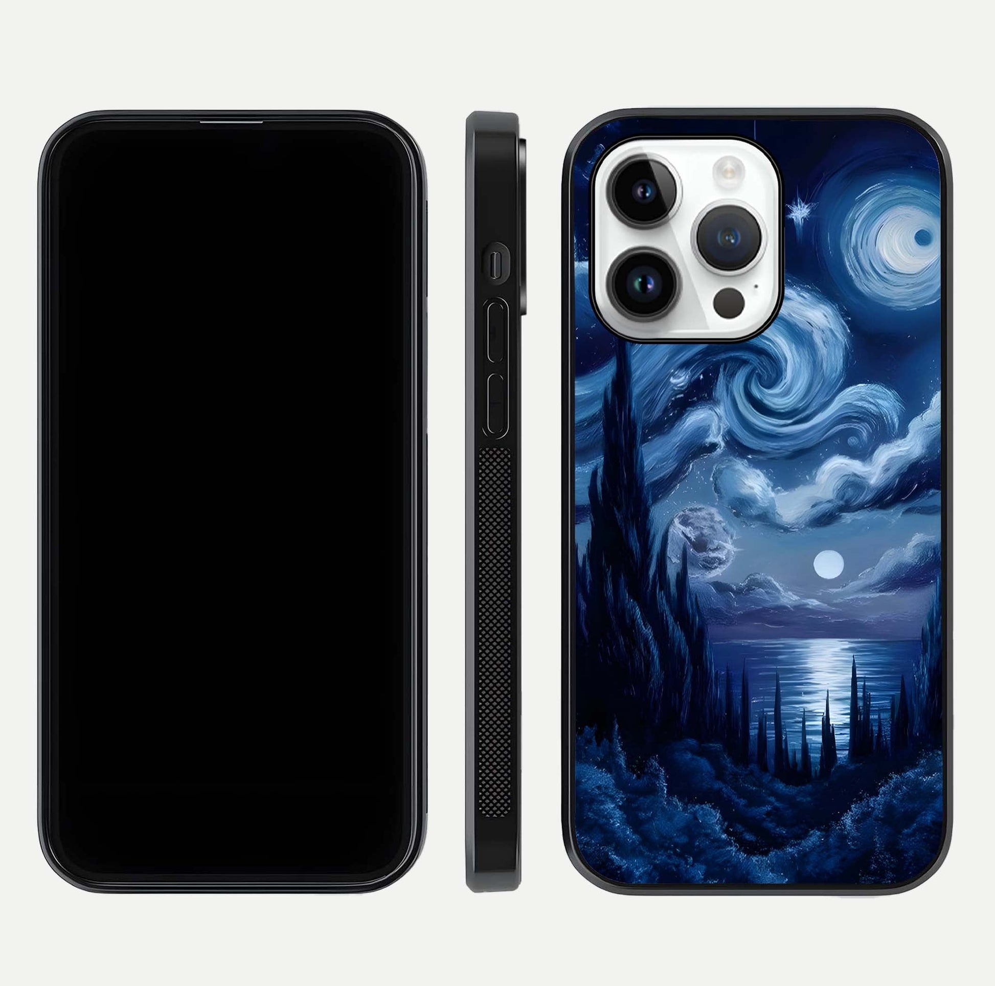 Celestial Dream Van Gogh Glass Case for iPhone 14 Pro dual-view layout displaying art texture and glass polish