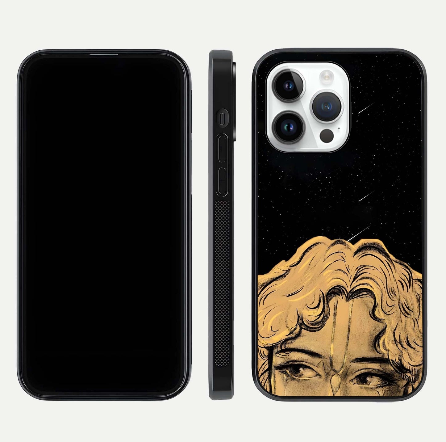 Celestial God’s Plan Glass Case for iPhone 14 Pro front & back layout showing smooth finish and spiritual art