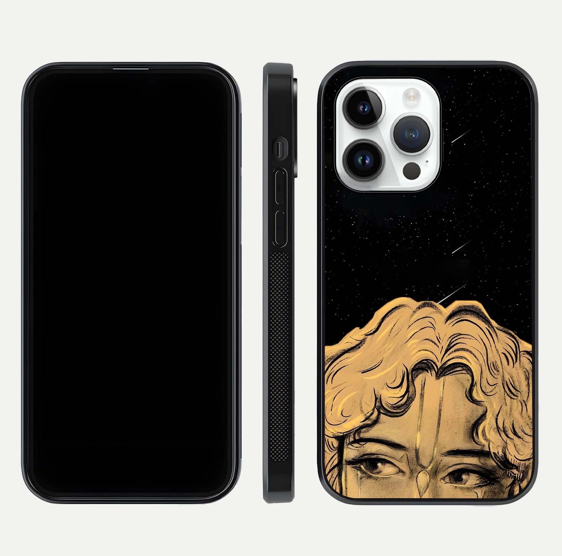 Celestial God’s Plan Glass Case for iPhone 14 Pro front & back layout showing smooth finish and spiritual art