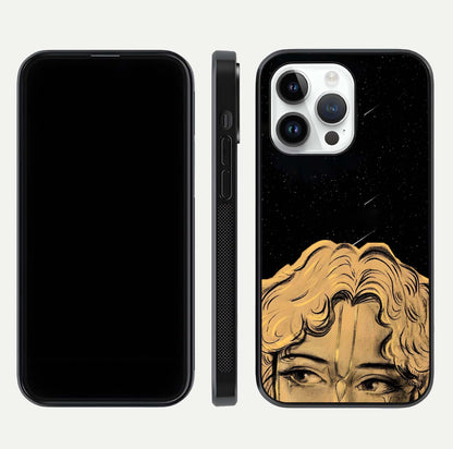 Celestial God’s Plan Glass Case for iPhone 14 Pro front & back layout showing smooth finish and spiritual art