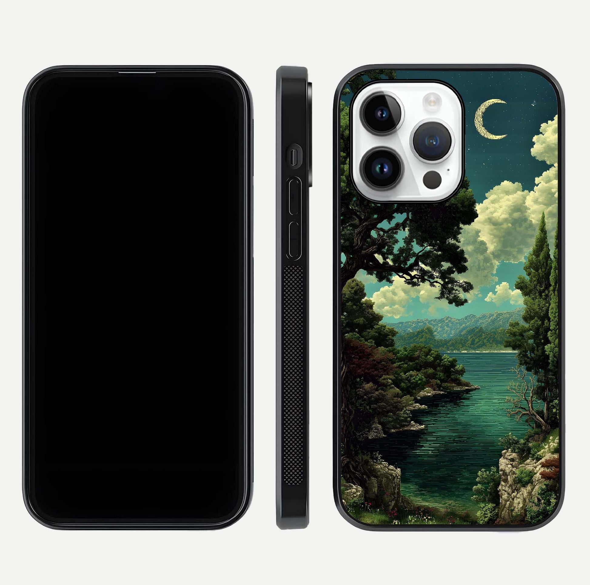 Celestial Lake Peace Glass Case for iPhone 14 Pro dual-view layout showing soft hues and HD shine