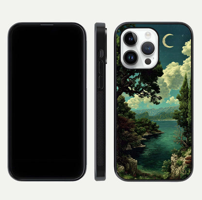 Celestial Lake Peace Glass Case for iPhone 14 Pro dual-view layout showing soft hues and HD shine