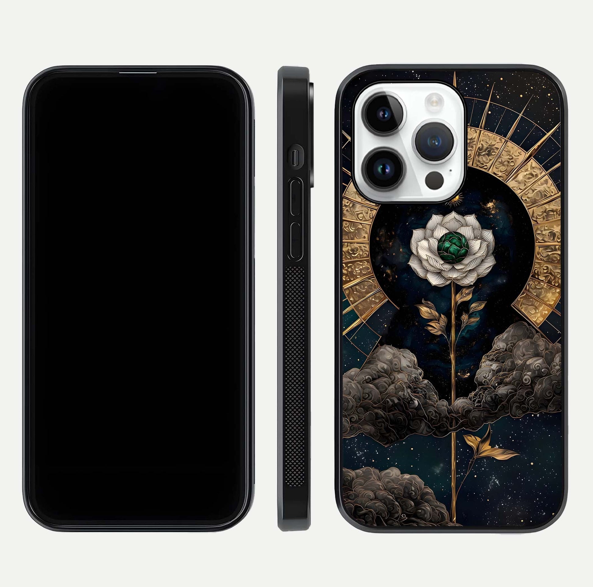 Celestial Lotus Morang Glass Case for iPhone 14 Pro dual-view layout displaying floral symmetry and polished edges