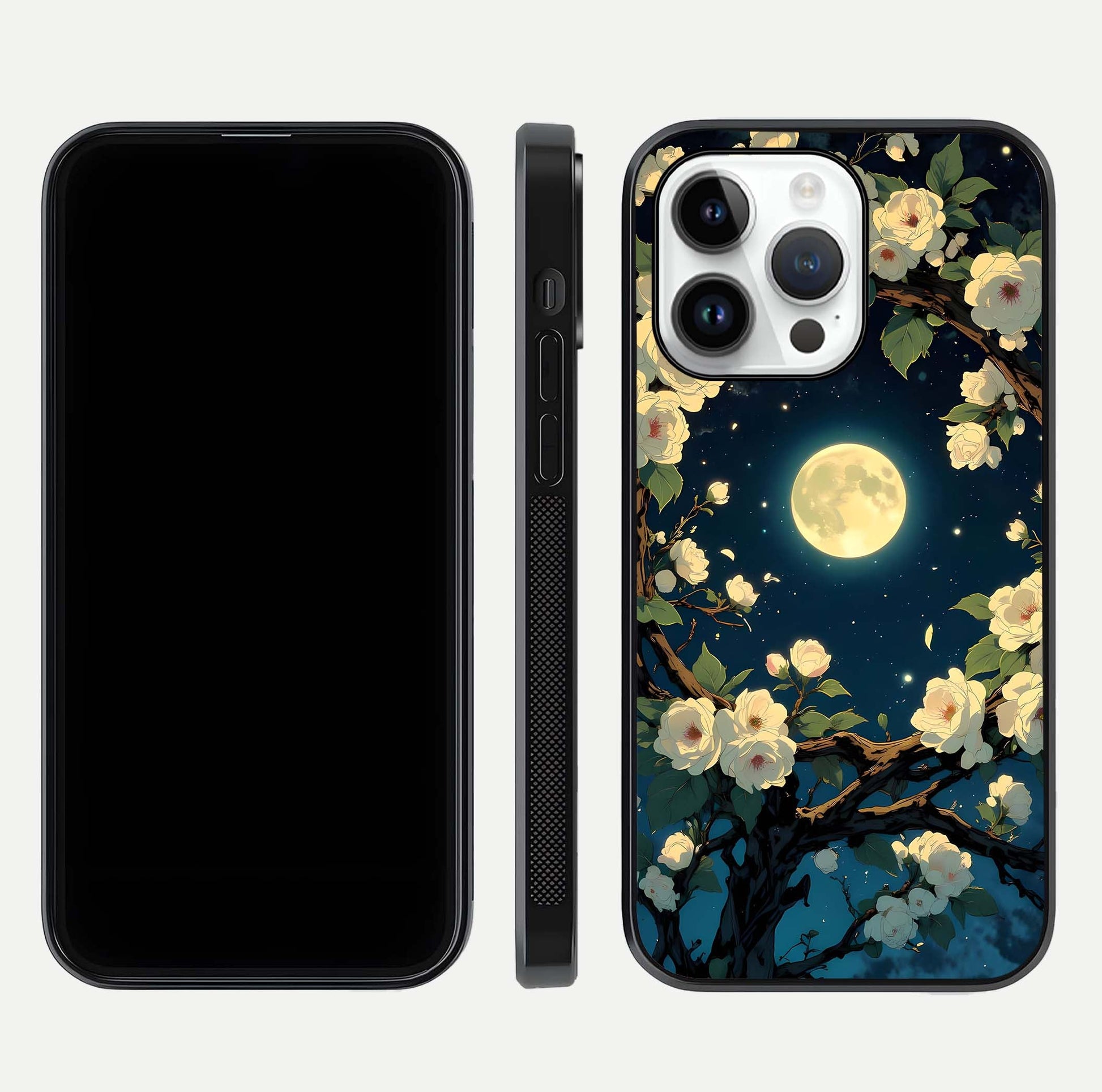 Celestial Moon & Flower Glass Case for iPhone 14 Pro dual-view layout showing balanced lunar art and gloss tone