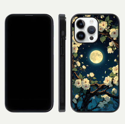 Celestial Moon & Flower Glass Case for iPhone 14 Pro dual-view layout showing balanced lunar art and gloss tone