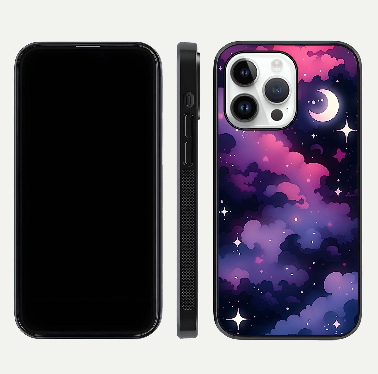 Celestial Moon Magic Glass Case for iPhone 14 Pro dual-view layout displaying lunar design and sleek edges