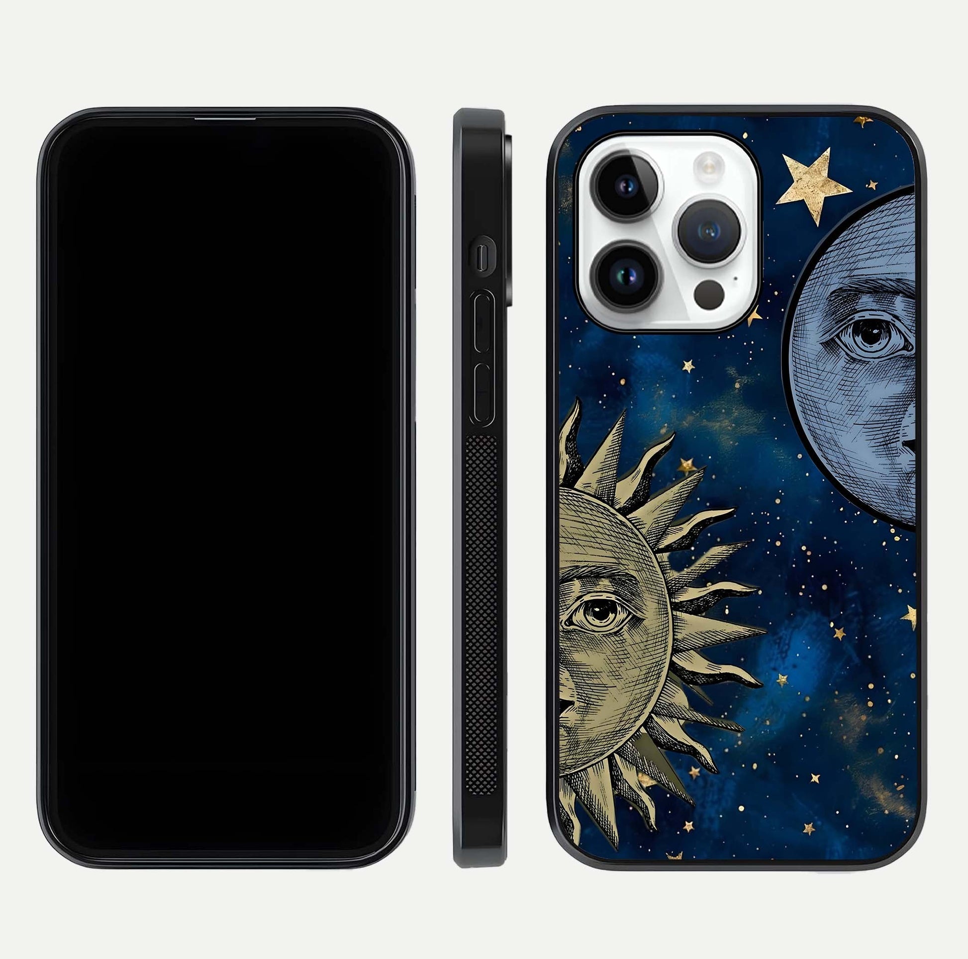Celestial Moon With Sun Glass Case for iPhone 14 Pro dual-view layout showing luminous pattern and curved edges