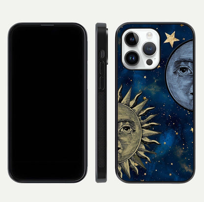 Celestial Moon With Sun Glass Case for iPhone 14 Pro dual-view layout showing luminous pattern and curved edges