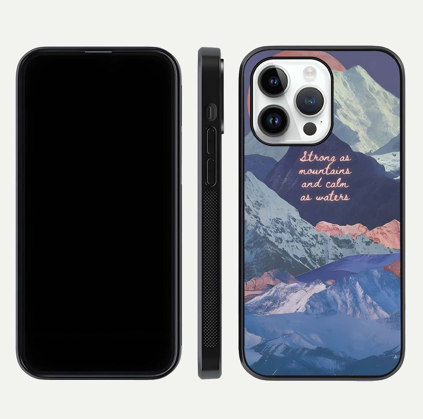 Celestial Mountain Calm Glass Case for iPhone 14 Pro dual-view layout displaying scenic tones and curved finish