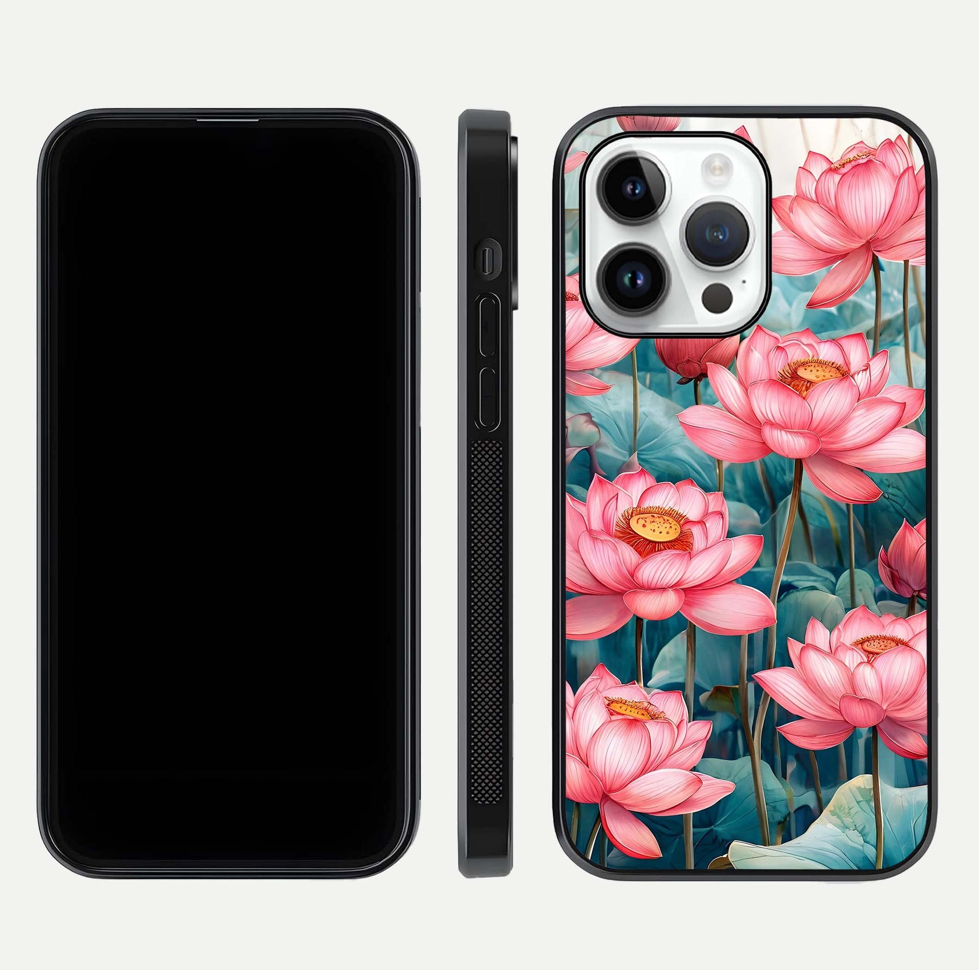Celestial Pink Lotus Glass Case for iPhone 14 Pro dual-view layout showing floral center and smooth edges