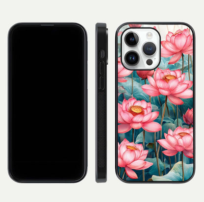 Celestial Pink Lotus Glass Case for iPhone 14 Pro dual-view layout showing floral center and smooth edges