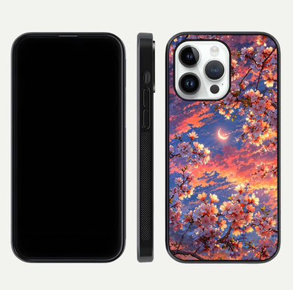 Celestial Sakura Sunset Glass Case for iPhone 14 Pro dual-view layout showing floral gradient and reflection polish