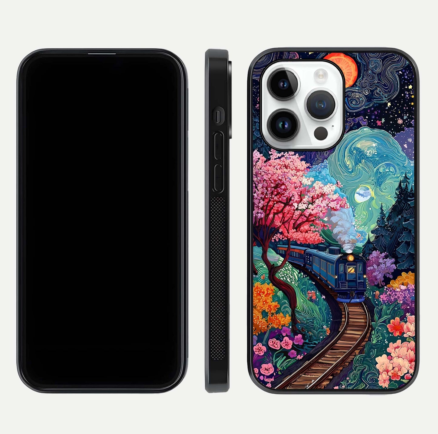 Celestial Train Journey Glass Case for iPhone 14 Pro dual-view layout showing cosmic art balance and curved glass edges