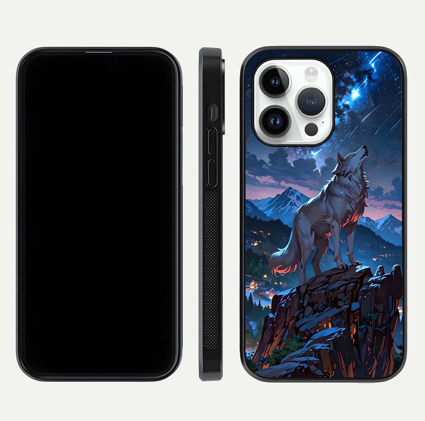 Celestial Wolf Howl Glass Case for iPhone 14 Pro dual-view layout displaying night tones and protective glass edges