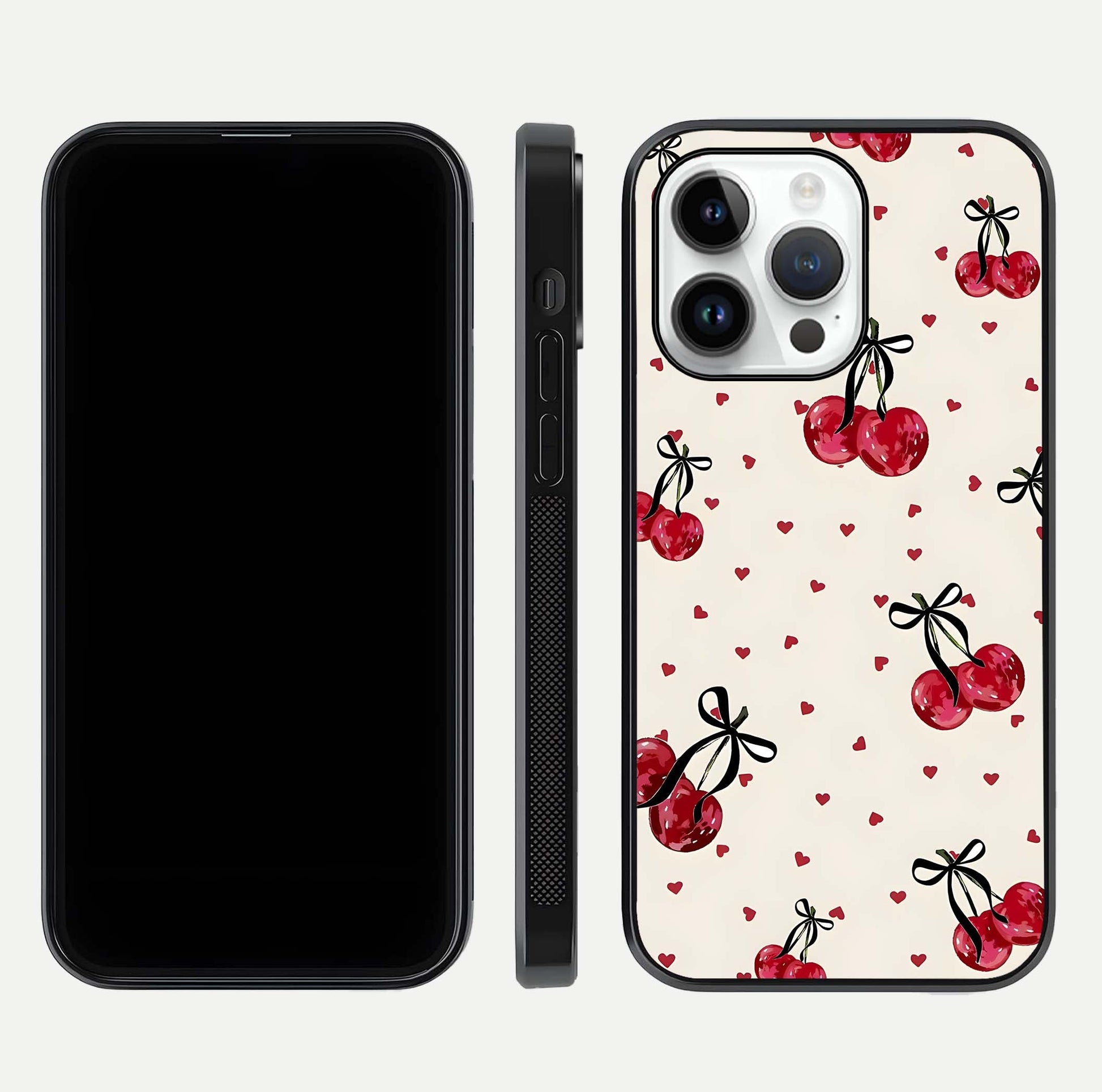 Cherry Heart Bow Glass Case for iPhone 14 Pro front-and-back view showing design clarity and edge protection