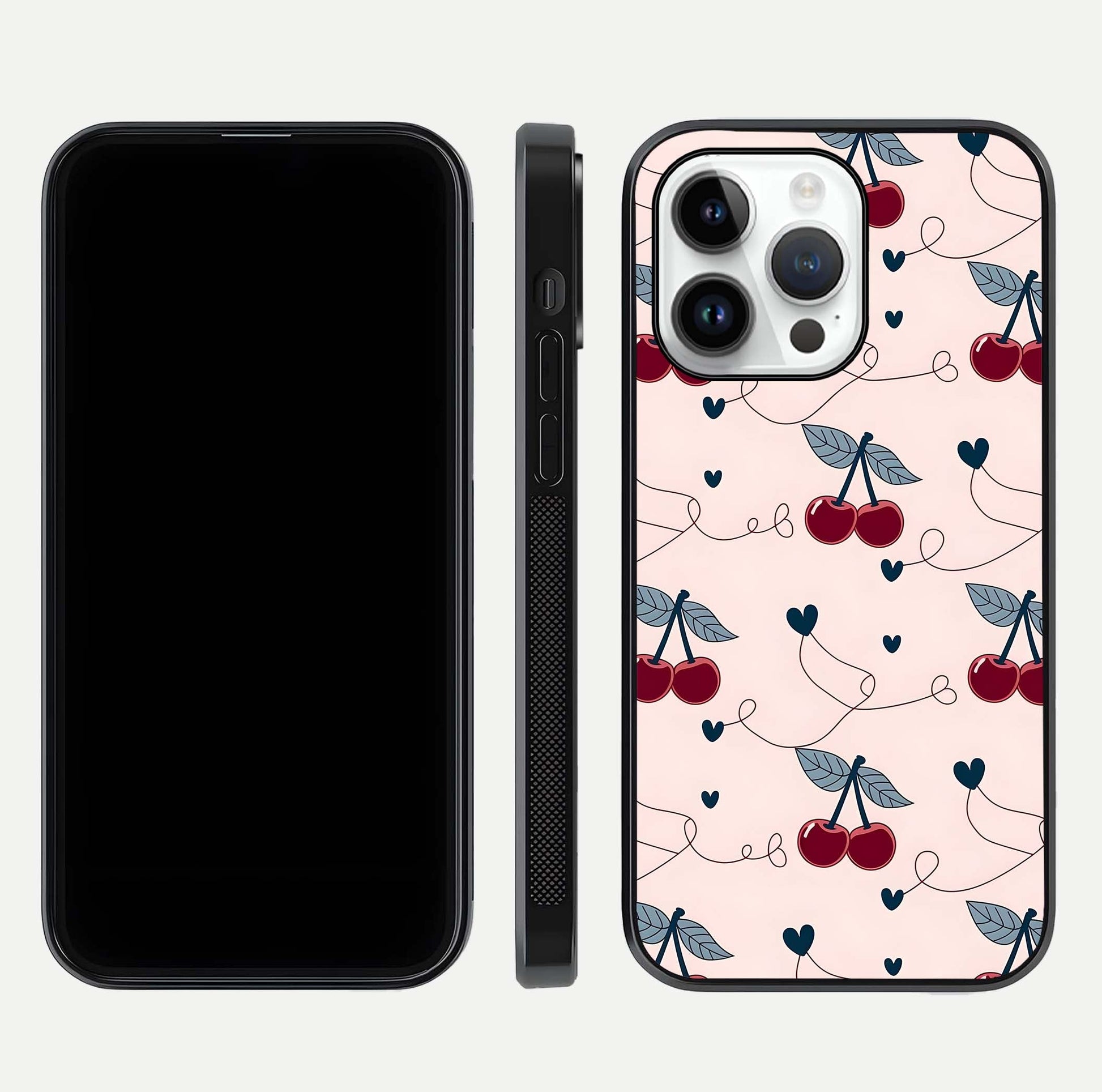 Cherry Heart Line Glass Case for iPhone 14 Pro dual-view layout displaying minimal cherry motif and edge design