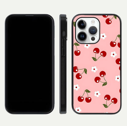 Cherry Love Mood Glass Case for iPhone 14 Pro dual-view layout showing design alignment and curved edges