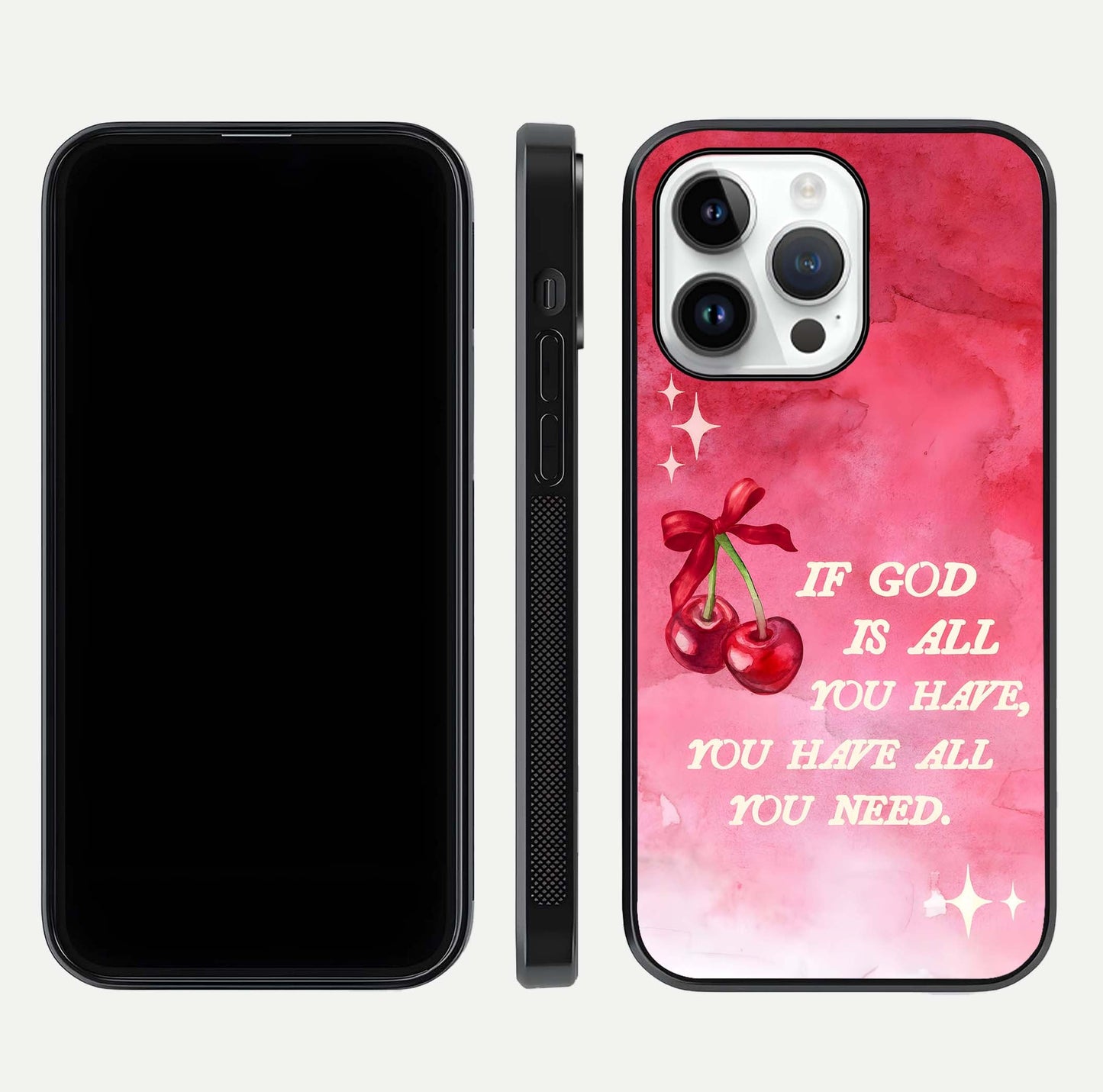 Cherry Quote Glass Case for iPhone 14 Pro dual-view layout showing red cherry tones and text balance