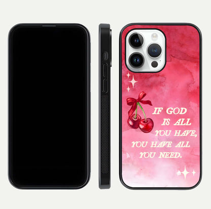 Cherry Quote Glass Case for iPhone 14 Pro dual-view layout showing red cherry tones and text balance