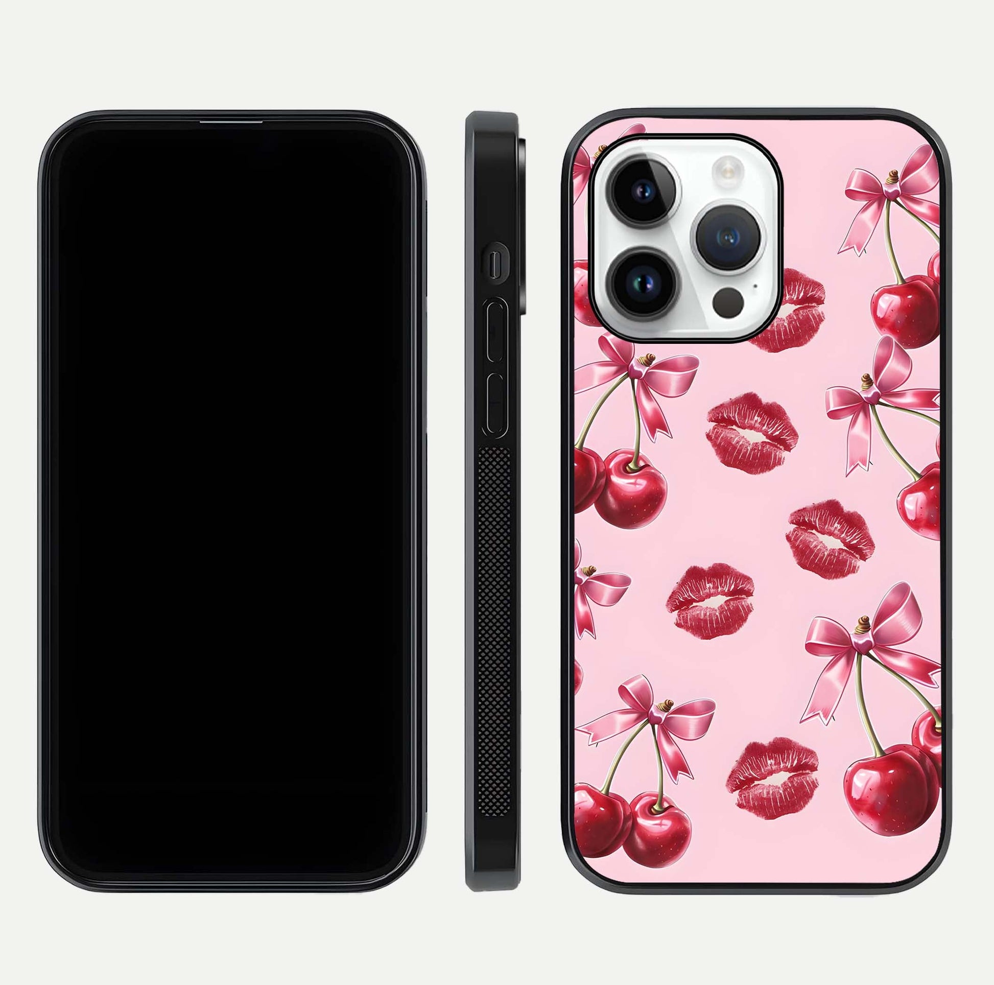 Cherry With Lips Glass Case for iPhone 14 Pro front-and-back layout displaying detailed design and glass finish