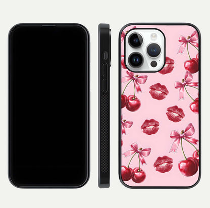 Cherry With Lips Glass Case for iPhone 14 Pro front-and-back layout displaying detailed design and glass finish