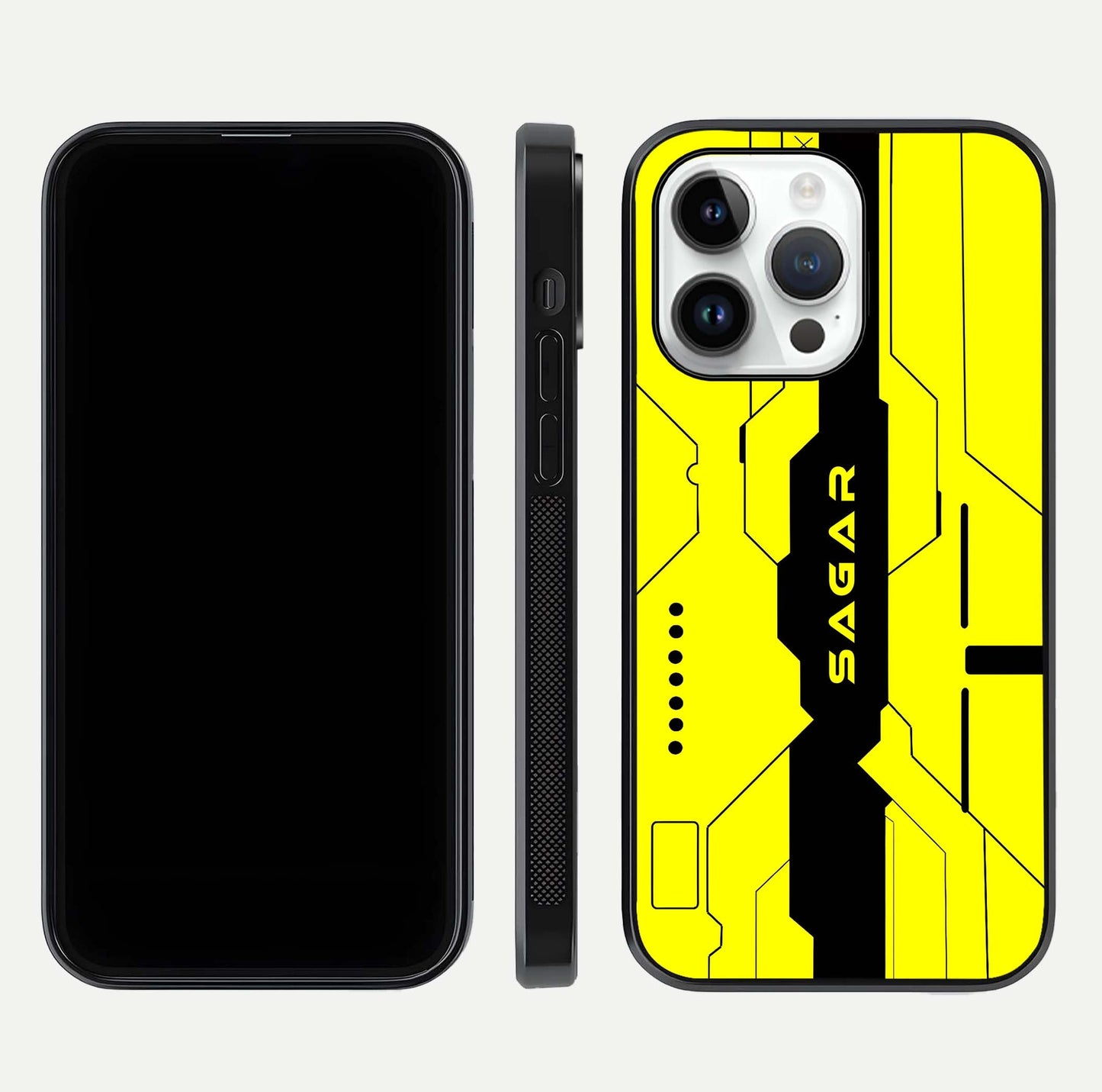 Circuit CYBERPUNK Custom Name Glass Case for iPhone 14 Pro dual-view layout showing bold tech art and edge clarity