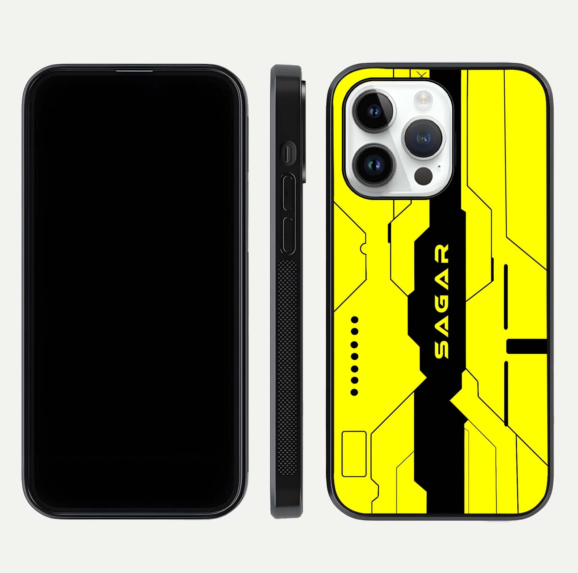 Circuit CYBERPUNK Custom Name Glass Case for iPhone 14 Pro dual-view layout showing bold tech art and edge clarity